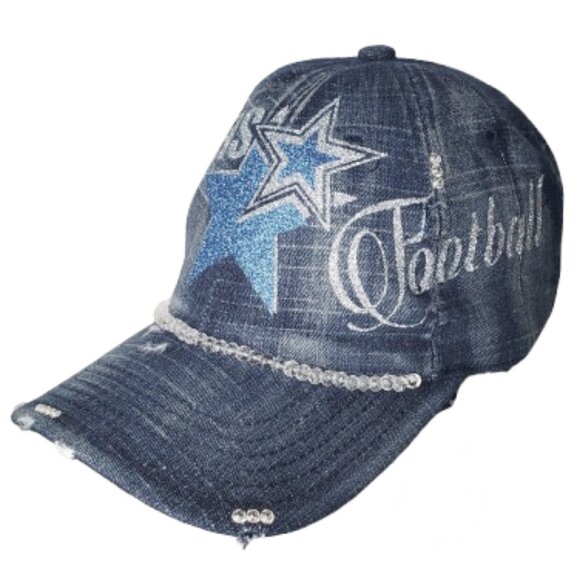 Dallas Football Denim Adj. Cap with Beads, Shiny Lettering, & Swrk. Cry. - Picture 4 of 5